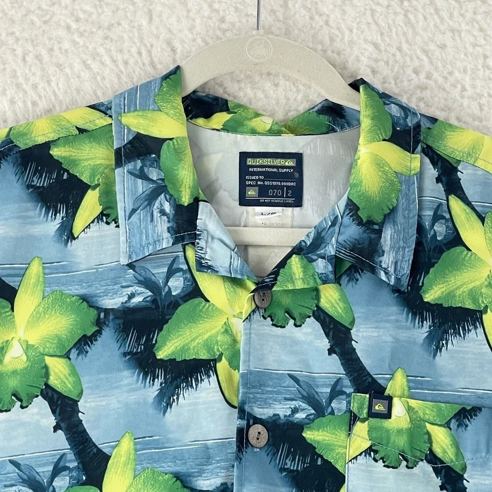 Quiksilver Blue Palm Tropical Print Button-Down Shirt‎ Mens Short Sleeve Size L